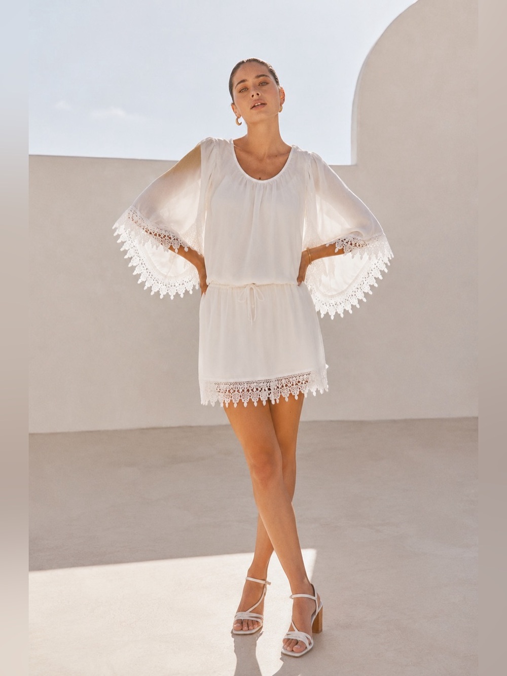 SABO SKIRT Ivory Lace Trim Cold Shoulder Mini Dress Women Size 8